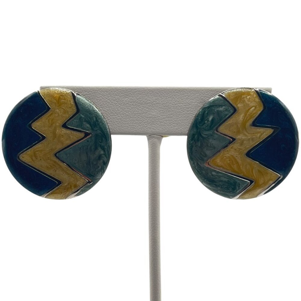 Vintage Marble Zig Zag OveDisc Stud Earrings Blue Silver Gold‎ Retro Bold Gaudy